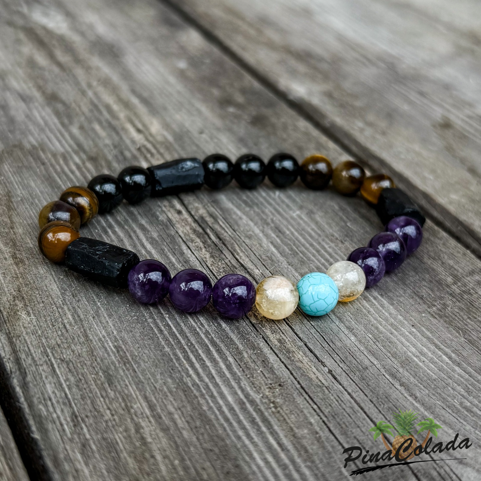 Bransoletka męska ametyst, cytryn, howlit, turmalin czarny, tygrysie oko